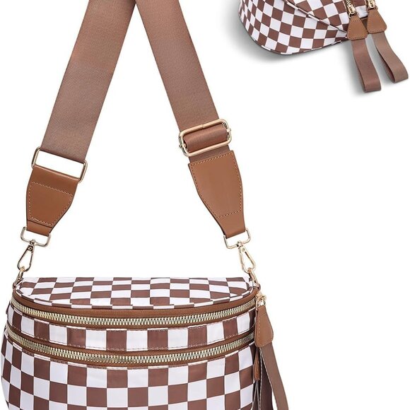 Waterproof Brown Checkered Crossbody Bum Bag with Adjustable Strap, Spacious Fan - Picture 1 of 5